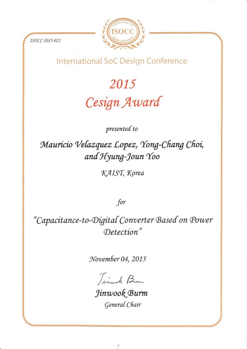 유형준 교수 연구실 Mauricio V.L. ISOCC 2015 Cesign Award